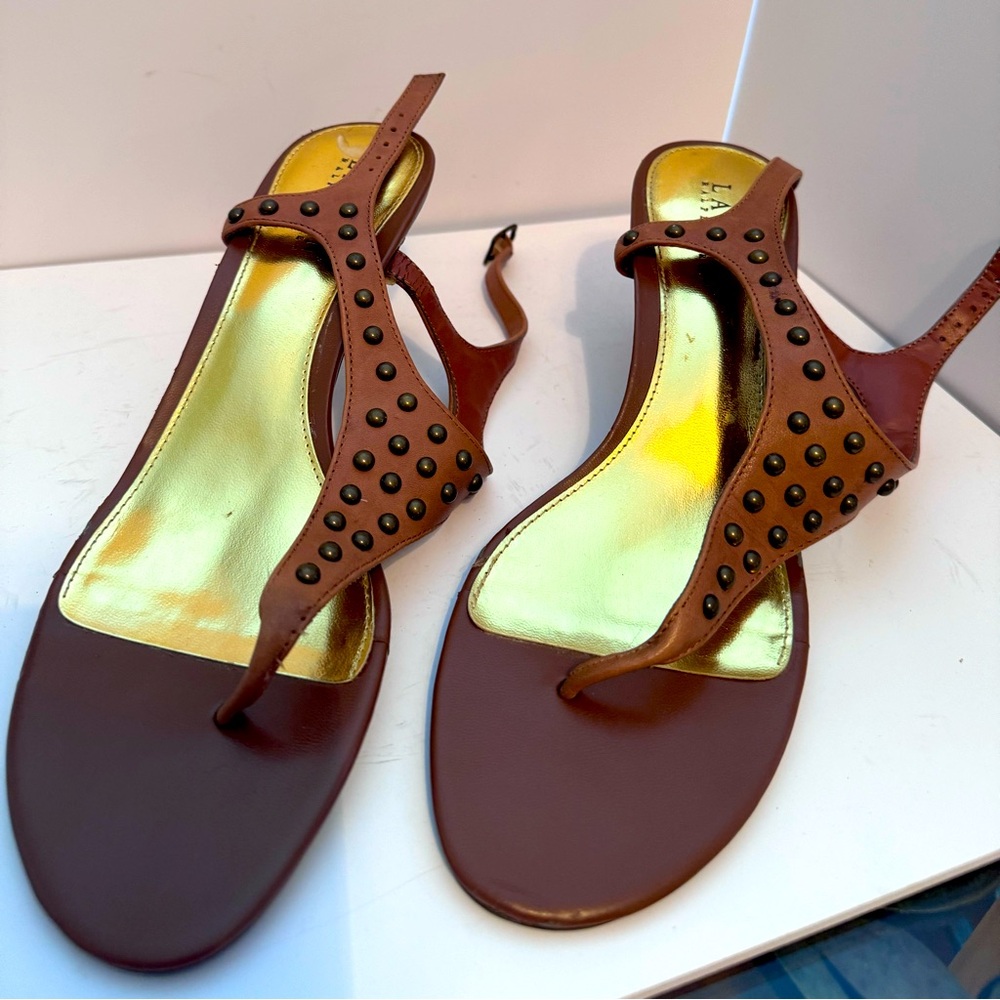 Beautiful tan leather Ralph Lauren, size 10, 3 inch  heel  sandal.